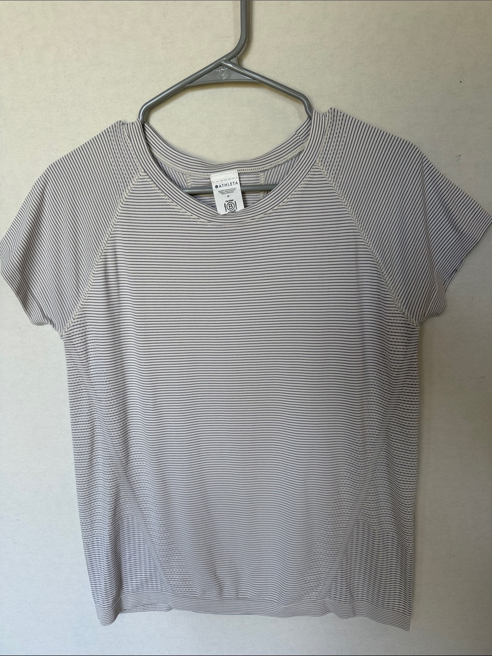 Athleta Light Gray and White Striped Short Sleeve Tee